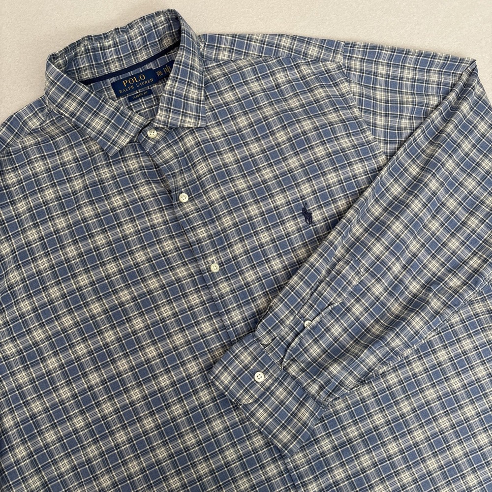 Ralph Lauren XXL Shirt Men BLUE/TAN Plaid Cotton Classic Button Down EXCELLENT